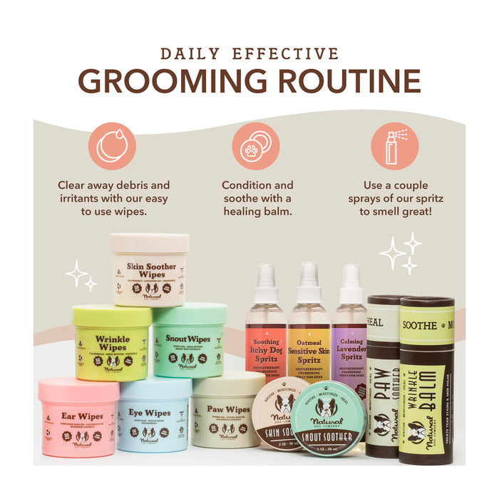 Image showcasing a collection of pet grooming products, including wipes, calming spritz, and healing balms. Text reads, "Daily Effective Grooming Routine," with icons illustrating product uses for cleaning, conditioning, and deodorizing pets.