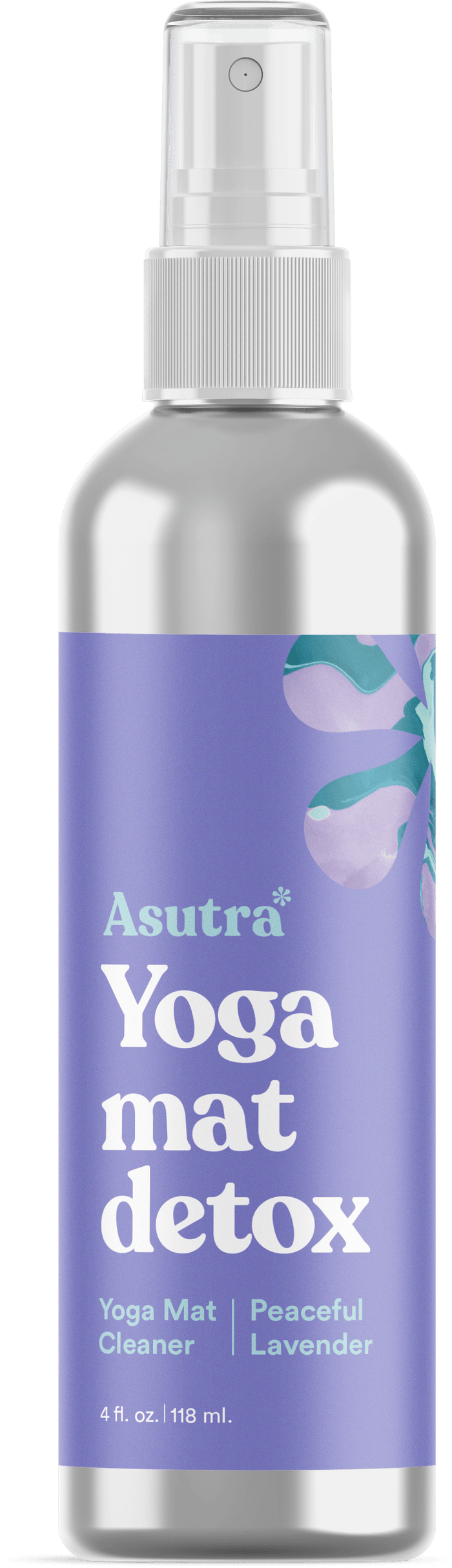 A 4 fl. oz. silver spray bottle labeled Peaceful Lavender Yoga Mat Cleaner by Asutra features a lavender scent infused with essential oil on a purple label adorned with lavender flowers, an essential yoga mat cleaner.