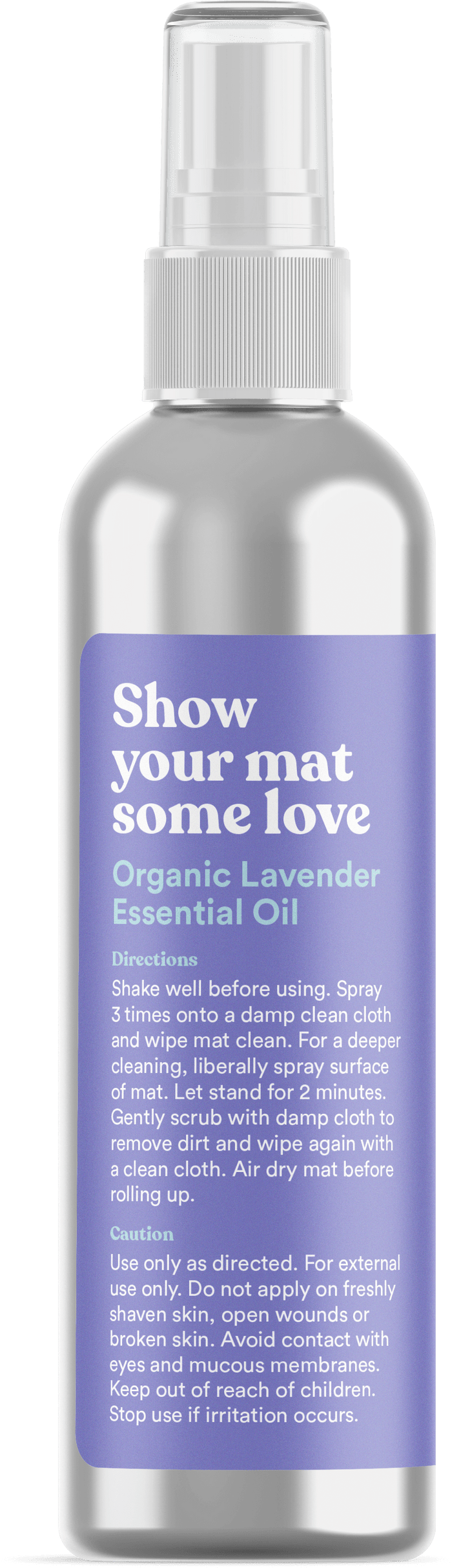 A spray bottle with a purple label, reading Show your mat some love, introduces Asutras Peaceful Lavender Yoga Mat Cleaner. It features organic lavender essential oil, with directions and usage instructions printed conveniently on the label.