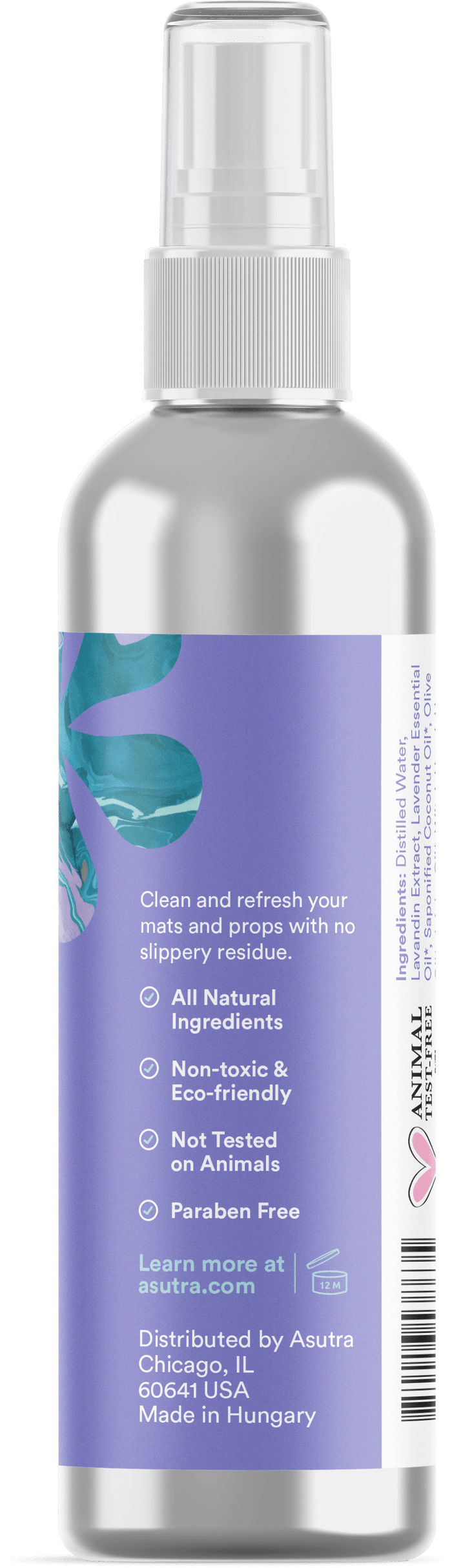 The Peaceful Lavender Yoga Mat Cleaner by Asutra features a silver spray bottle with non-toxic, eco-friendly, and paraben-free qualities. Its infused with lavender essential oil, made with natural ingredients, cruelty-free, distributed from Chicago, and crafted in Hungary. Visit asutra.com for details.