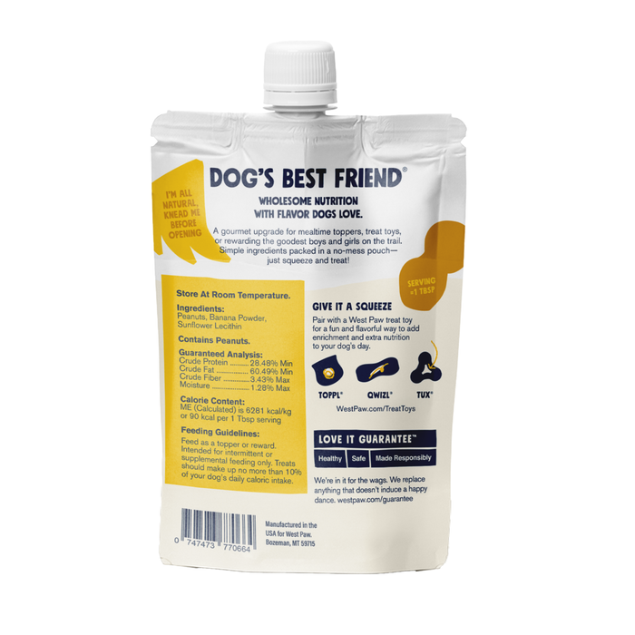 A white pouch labeled "West Paw Peanut Butter Banana Creamy Dog Treat" features yellow and black graphics, plus feeding instructions, ingredients, nutrition details, and the brand's guarantee on the back. The treat is grain free.
