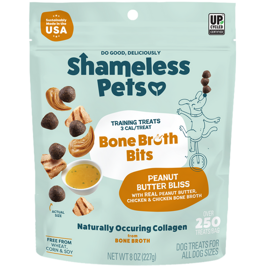 A bag of Shameless Pets Peanut Butter Bliss Bone Broth Training Treats, showing the treats, peanut butter, chicken, and a playful cartoon dog. The packaging highlights real ingredients, collagen, and includes over 250 training treats.