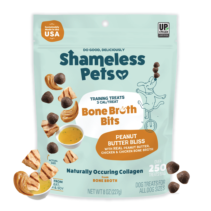 A light blue bag of Shameless Pets Peanut Butter Bliss Bone Broth Training Treats features treat images, a cartoon dog jumping, and product details, highlighting real peanut butter, upcycled ingredients, and natural collagen.