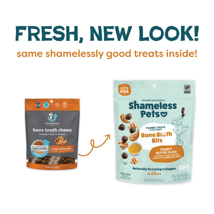 Two bags of Shameless Pets Peanut Butter Bliss Bone Broth Training Treats are shown: old packaging on the left, new on the right. Text above says, Fresh new look! Same shamelessly good real peanut butter training treats inside!.