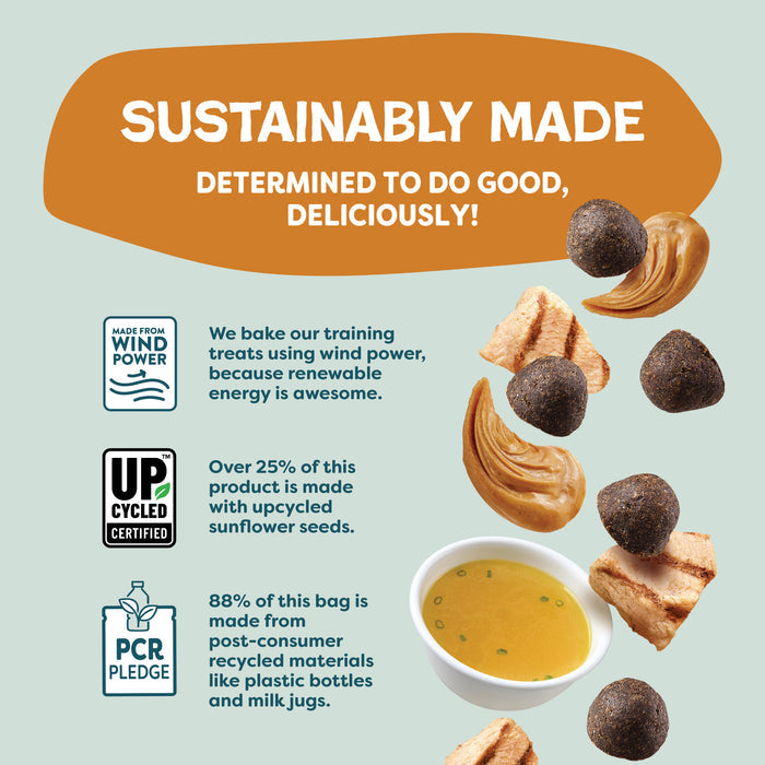 Promotional image for Shameless Pets Peanut Butter Bliss Bone Broth Training Treats, featuring treat pieces, a bowl of liquid, and icons for wind power, upcycled sunflower seeds, and 88% recycled packaging.