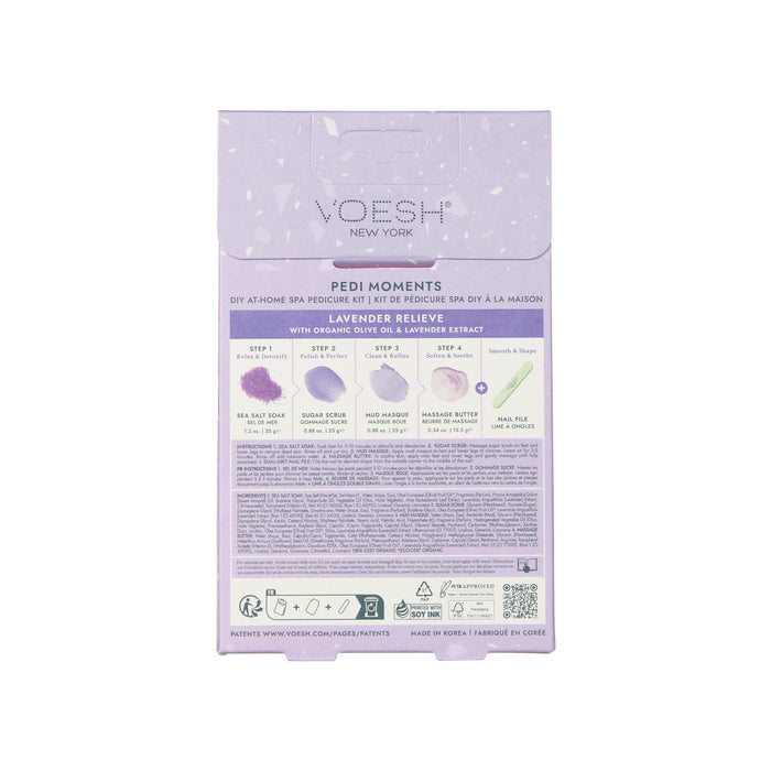 The image displays the back of a VOESH New York Pedi Moments package, featuring the Lavender Relieve DIY at-home spa pedicure kit with instructions and ingredients listed below four mini step-by-step images for an authentic spa experience.