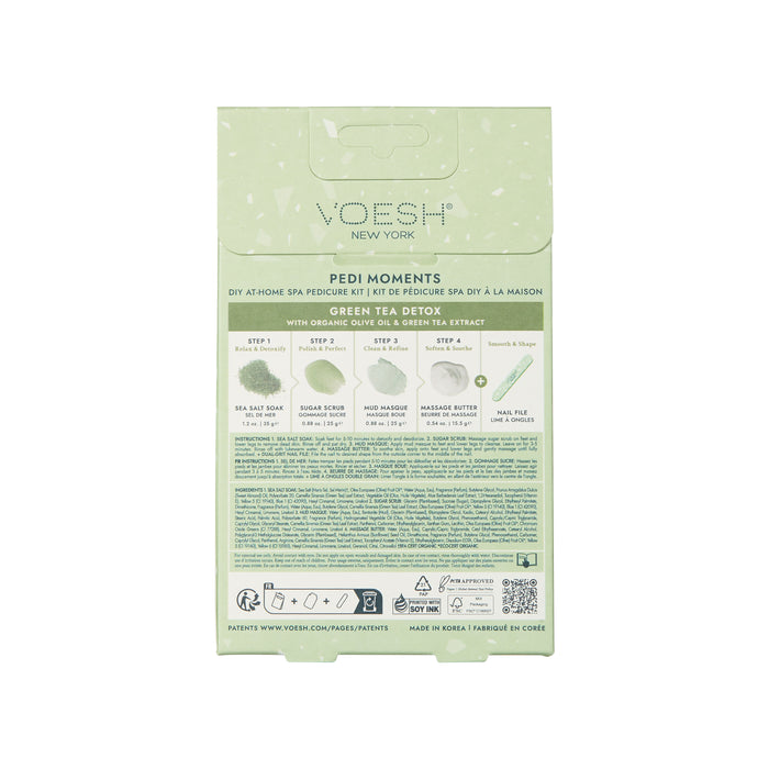 VOESH New Yorks Pedi Moments DIY pedicure kit, in green packaging with a Green Tea Detox theme, offers an indulgent spa experience that includes sea salt soak, sugar scrub, mud masque, massage butter, and nail file. The packaging features text in both English and Korean.