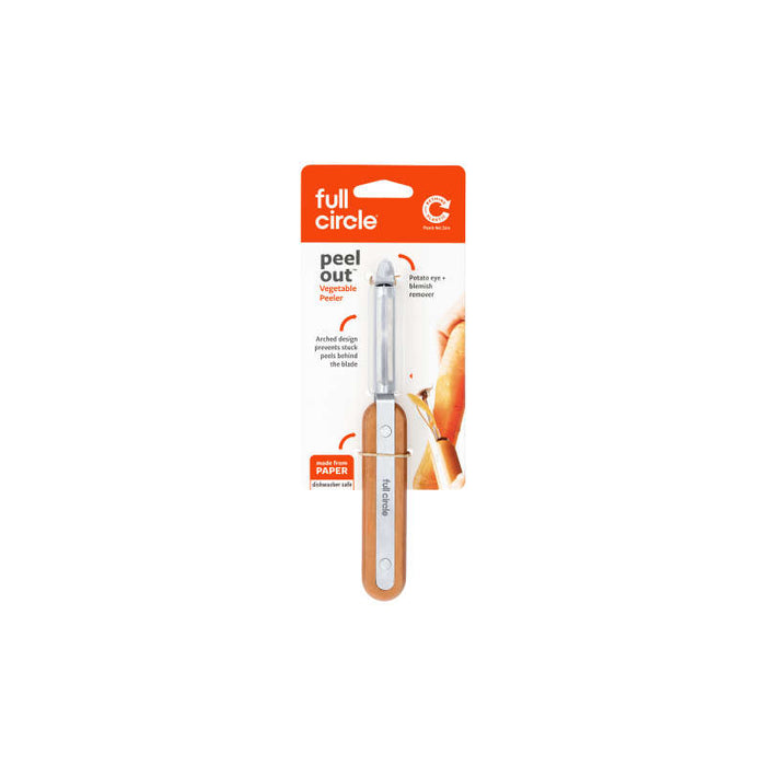 The Full Circle Peeler features an ergonomic design with a stainless steel blade and a comfortable handle. A partial image shows its use on a vegetable, emphasizing its dishwasher-safe convenience.