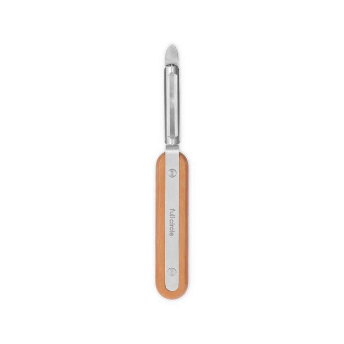The Full Circle Peeler features a stainless steel blade and a wooden handle with metal details and full circle engraved. Its simple, modern design includes a comfortable handle for easy use.