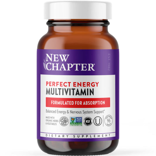 The brown bottle of New Chapters Perfect Energy™ multivitamin has a vibrant purple and orange design, promotes enhanced absorption, supports energy with B Vitamins, benefits the nervous system, and is a non-GMO herbal multivitamin made with organic ingredients.