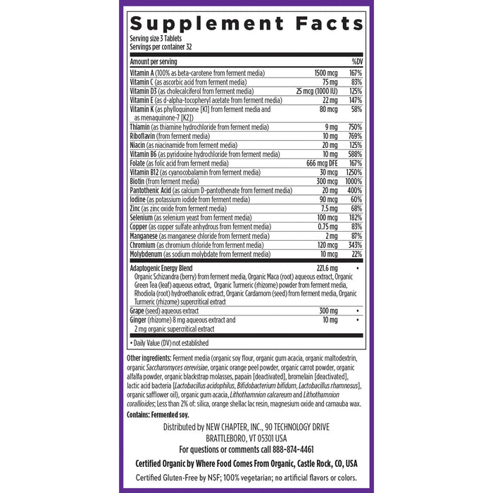 The Perfect Energy™ supplement facts label from New Chapter details B Vitamins, minerals, and other energy-support ingredients. It includes serving size, daily values percentages, and contact info for New Chapter, Inc. Certified organic by International Certification Services, Inc.