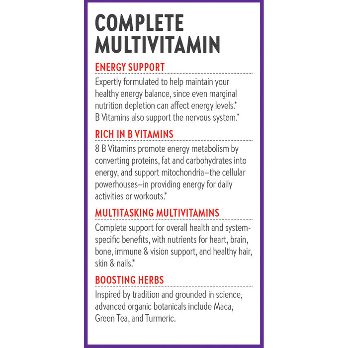 The Perfect Energy™ label by New Chapter highlights benefits such as energy support, richness in B vitamins, and boosting herbs. This herbal multivitamin enhances energy, metabolism, and overall vitality with specific health benefits.