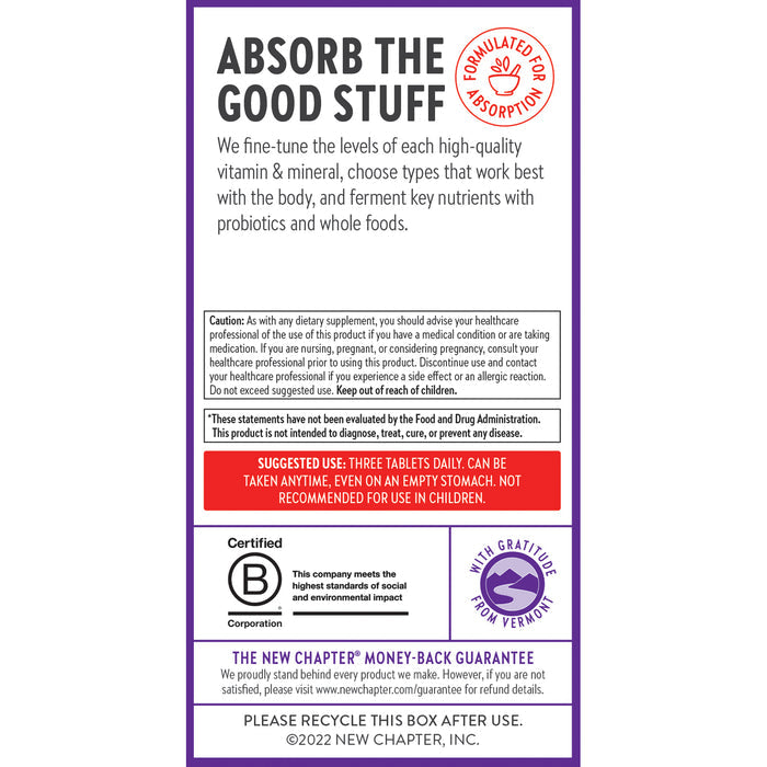 The image is a label for New Chapters Perfect Energy™, rich in B Vitamins for energy support. It includes usage instructions, cautions, certifications, a money-back guarantee, recycling info, and a note on FDA evaluation.