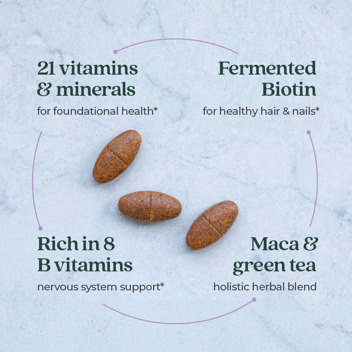 Three brown Perfect Energy™ Multivitamin tablets by New Chapter on a light blue surface, with purple arrows pointing to text: 21 vitamins & minerals, fermented biotin, B Vitamins for energy support, plus maca & green tea.