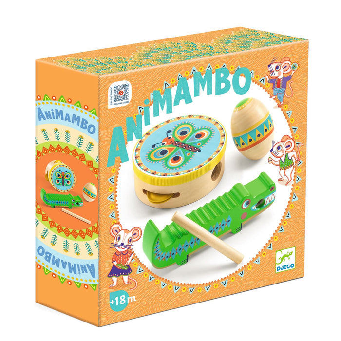 The DJECO Perfect First Music Set features a childrens musical instrument collection with percussion instruments like a drum, maraca, and a crocodile-shaped castanet. The orange box shows colorful animal illustrations alongside Animambo, perfect for introducing music to children aged 18 months and up. Made from FSC® Certified Wood.