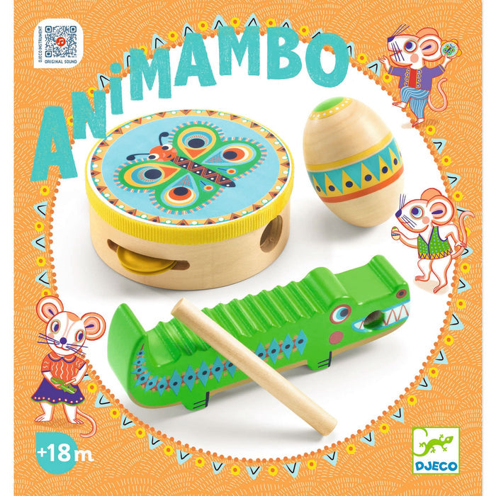 The DJECO Perfect First Music Set, designed for ages 18 months and up, includes a green crocodile guiro, butterfly-theme drum with stick, and wooden egg shaker. Made from FSC® certified wood, it features packaging adorned with cheerful animal illustrations.