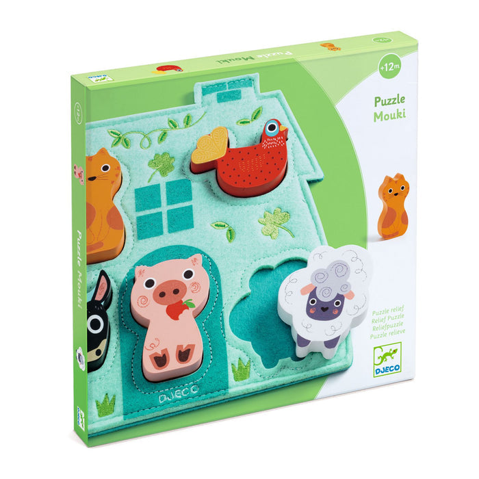 The Perfect First Puzzle by DJECO is a farm-themed wooden puzzle made from FSC® certified wood, featuring a house-shaped board with colorful pieces: a red bird, orange cat, pig with red scarf, and sheep. Complete with green trim and blue window pattern, its perfect for ages 12+ months.