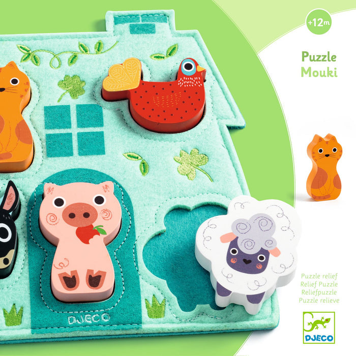 A vibrant farm-themed toy for kids 12 months+, the Perfect First Puzzle by DJECO features wooden animals—pig with carrot, sheep, rooster, horse, and cat—on a house-shaped base. Made from FSC® Certified Wood.