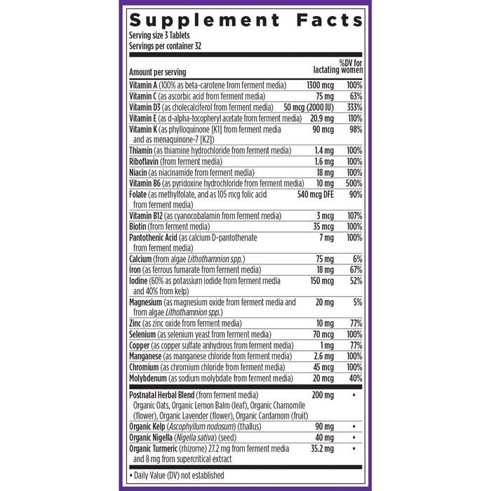 A black-and-white supplement facts label for New Chapters Perfect Postnatal™ Multivitamin lists vitamins, minerals, and a probiotic-fermented Proprietal Herbal Blend with amounts and daily value percentages per three-tablet serving, supporting energy, mood, and lactation.
