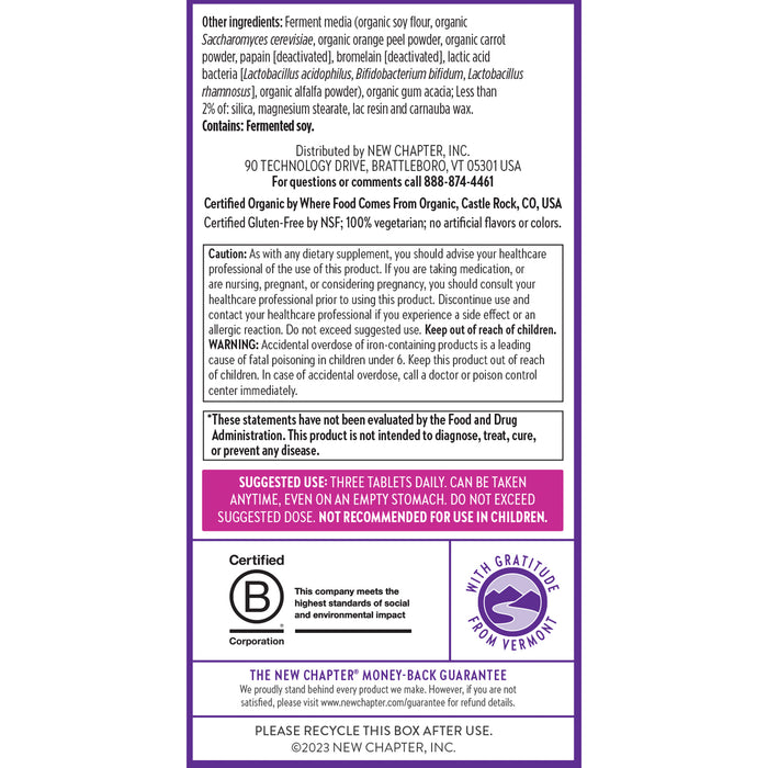 The label for New Chapters Perfect Postnatal™ Multivitamin details ingredients and includes FDA evaluation statements and essential advice. It ensures safety for gluten-free, vegetarian diets and encourages box recycling. Contact details are included.