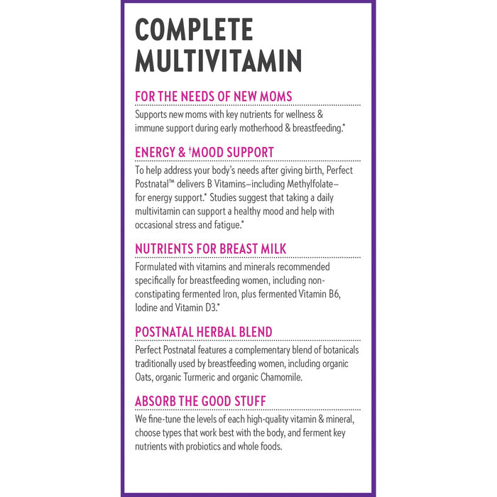 Text-based infographic titled Perfect Postnatal™ Multivitamin by New Chapter. Sections cover energy and mood support for new moms, nutrients in breast milk, a postnatal herbal blend, and absorption. Highlights vitamins and botanicals for holistic lactation support.