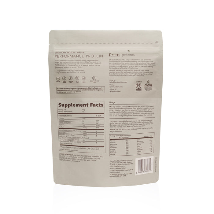 The Form Nutrition Performance Protein beige pouch includes supplement facts, ingredients, and use instructions. The vegan protein powder is top-sealed, stands upright, and displays text and icons suited for plant-based post-workout recovery.