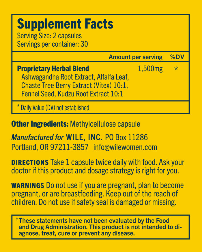 Supplement Facts label for Perimenopause Support by WILE. Serving size: 2 capsules, totaling 1,500mg of a proprietary herbal blend including Ashwagandha, Alfalfa, Chaste Tree, Fennel Seed, Kudzu Root to promote stress resilience and support perimenopause. Made by WILE Inc., Portland, OR; includes directions and warnings.