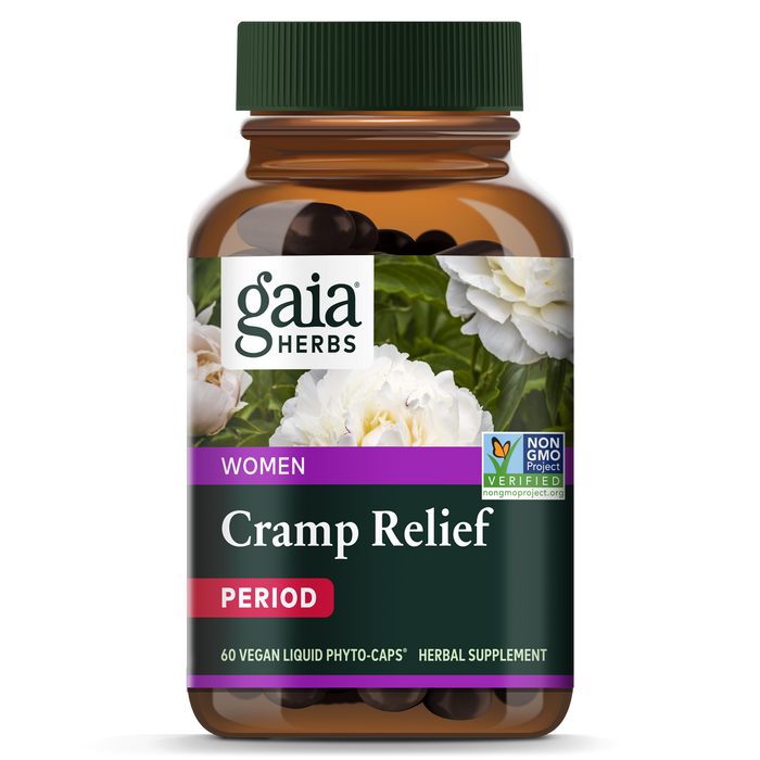 A bottle of Gaia Herbs Period Cramp Relief, designed to soothe menstrual discomfort, features white flowers on its label and states NON GMO VERIFIED with 60 vegan liquid phyto-caps text.