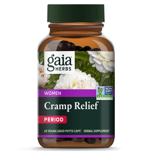 A bottle of Gaia Herbs Period Cramp Relief, designed to soothe menstrual discomfort, features white flowers on its label and states NON GMO VERIFIED with 60 vegan liquid phyto-caps text.