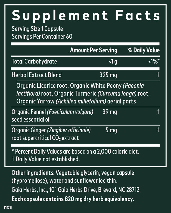Gaia Herbs Period Cramp Relief supplement label shows a serving size with organic licorice, white peony, and fennel seed oil for menstrual discomfort relief. It features under 1g of carbs and 325mg of an herbal extract blend per serving, with additional ingredients detailed below.