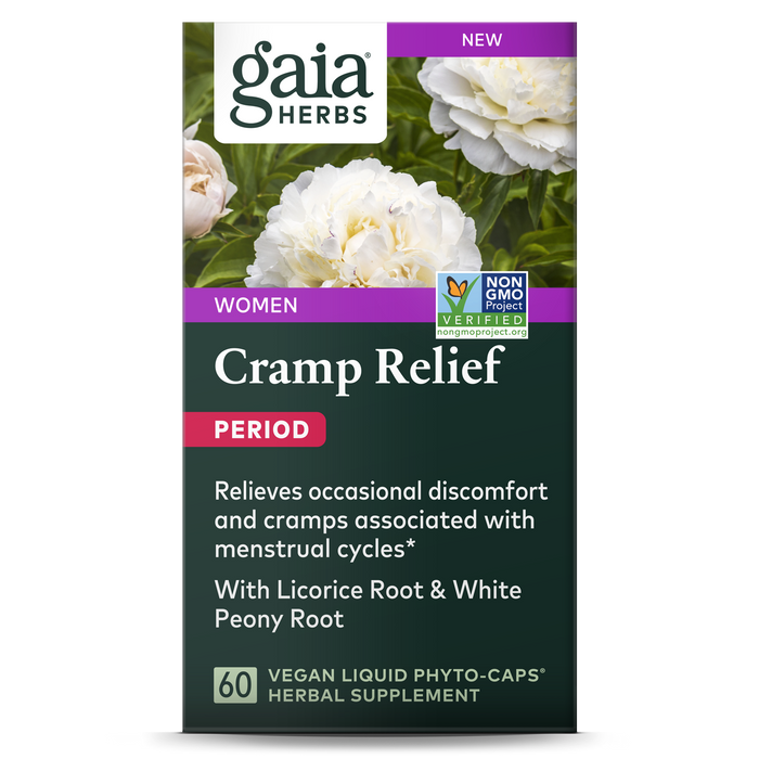 The Gaia Herbs Period Cramp Relief supplement packaging highlights its non-GMO, vegan formula featuring ingredients like licorice and white peony root to address menstrual discomfort.