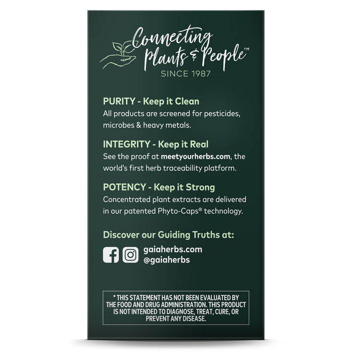 Text on a dark green background reads: Connecting Plants & People™ Since 1987. Purity, Integrity, Potency. Discover Period Cramp Relief for menstrual discomfort at gaiaherbs.com. Follow @gaiaherbs. Disclaimer: Not FDA evaluated; not intended to prevent disease.