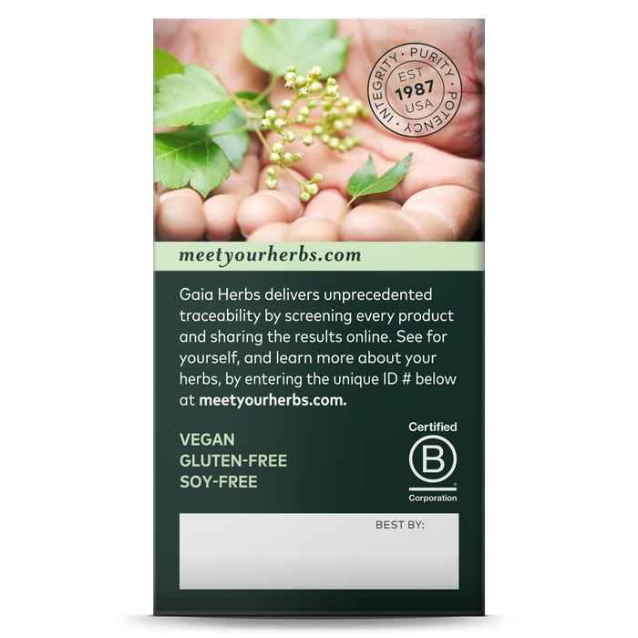 The Period Cramp Relief label features hands cradling green herbs. It emphasizes Gaia Herbs traceability via a unique website ID and is known for providing menstrual cycle discomfort relief. The vegan, gluten-free, soy-free product is also certified B Corporation.