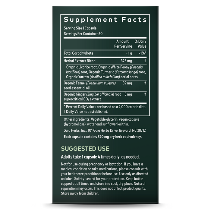 The Period Cramp Relief supplement from Gaia Herbs features a label on a dark background listing ingredients like Herbal Extract Blend, Organic Fennel, and Organic Ginger. Adults are advised to take one capsule daily to relieve discomfort during menstrual cycles.