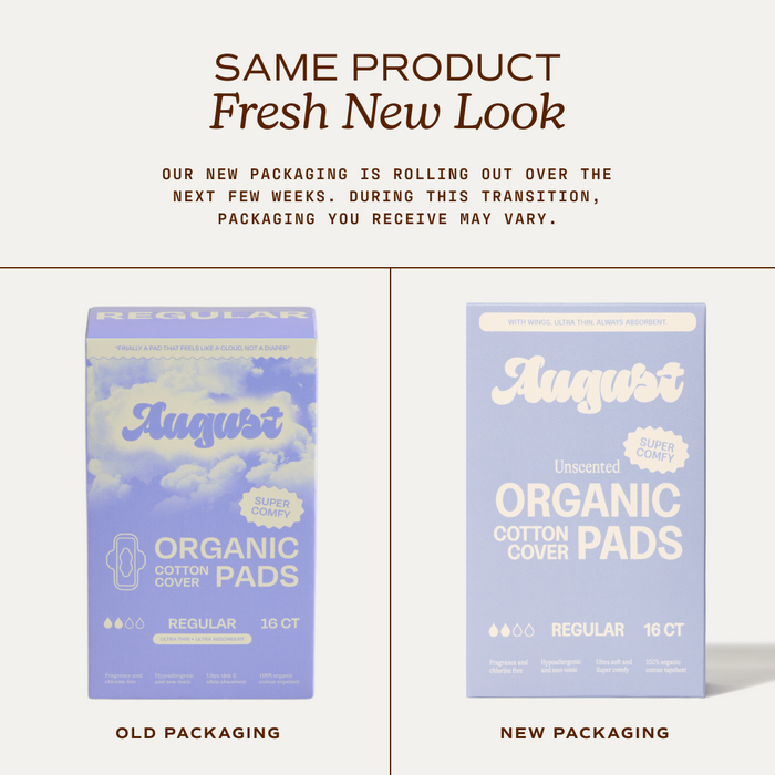 Image showing a comparison of old and new August Night Pad packaging. The new super absorbent pad comes in solid light purple, while the older mostly blue pack with white clouds is on the left.
