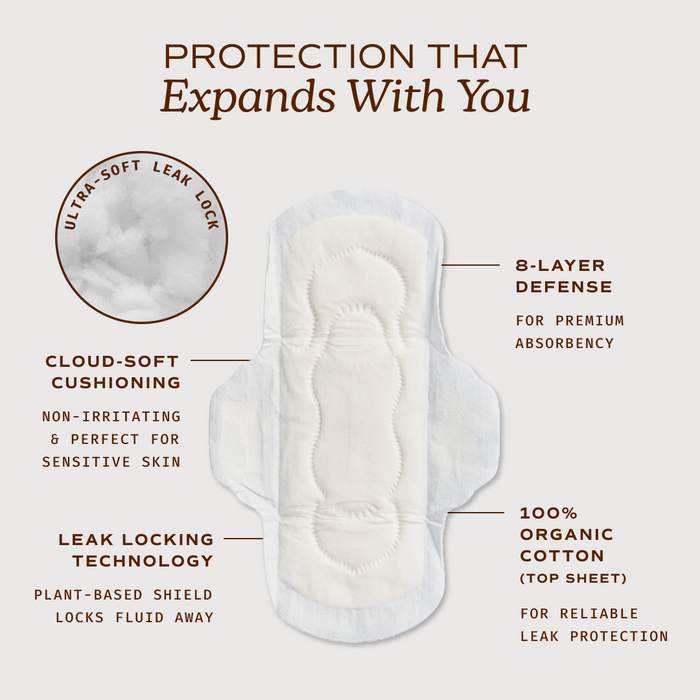 The August Night Pad, made with a 100% organic cotton top sheet, features ultra-soft leak lock, cloud-soft cushioning, and 8-layer defense for superior absorbency—making it ideal for leak protection.