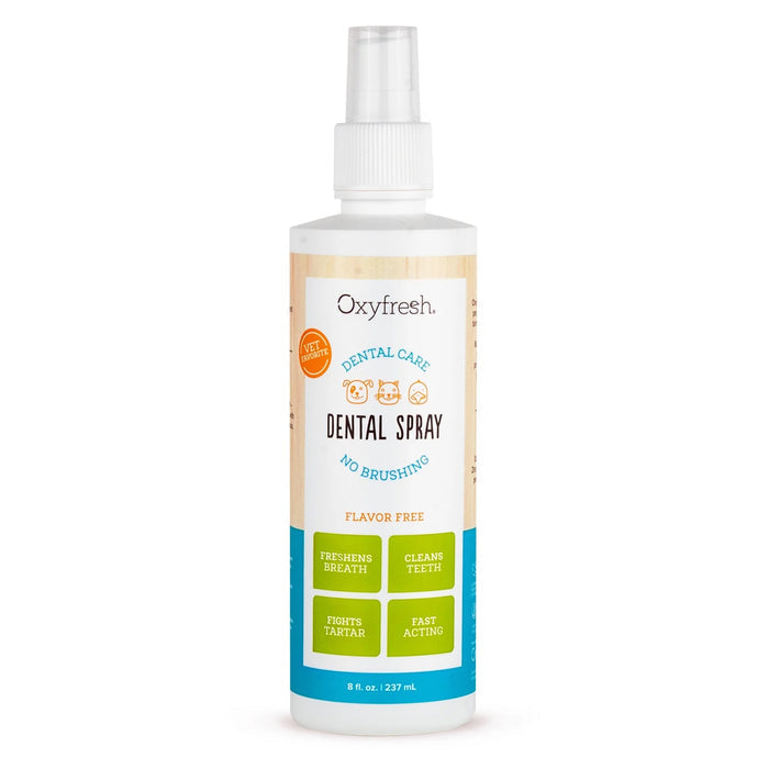 The 8 fl. oz. Oxyfresh Pet Bad Breath Fast Acting Dental Spray is flavor-free and specially designed for pet dental care, offering benefits like breath freshening, teeth cleaning, plaque removal, tartar fighting, and veterinarian approval.
