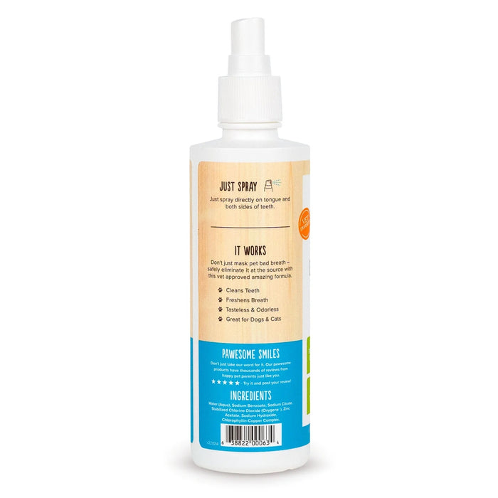 The Oxyfresh Pet Bad Breath Fast Acting Dental Spray, in a blue and beige design, is veterinarian-approved for dogs and cats. The label highlights its benefits: plaque removal, teeth cleaning, freshening breath, and its tasteless, odorless nature.