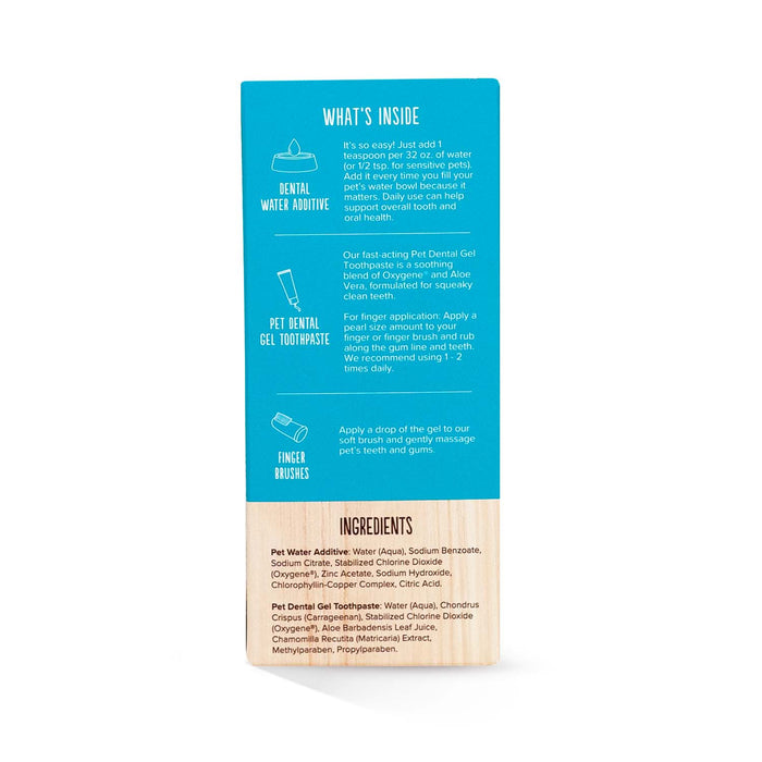 The image features the Oxyfresh Pet Dental Kit package, which includes instructions for using their dental cleaning water additive, Pet Dental Gel Toothpaste, and finger brushes to support pet oral health.