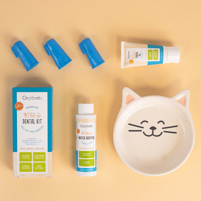 The Oxyfresh Pet Dental Kit is displayed on a tan background, featuring a box, blue finger toothbrushes, a small tube of dental gel toothpaste, an Oxyfresh dental cleaning water additive bottle, and a smiling white cat-shaped dish.