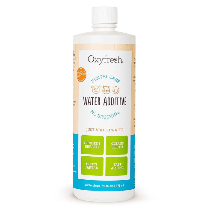 A 16 fl oz/473 ml bottle of Oxyfresh Pet Water Additive freshens bad pet breath, cleans teeth, and fights tartar and plaque with fast action—no brushing needed.