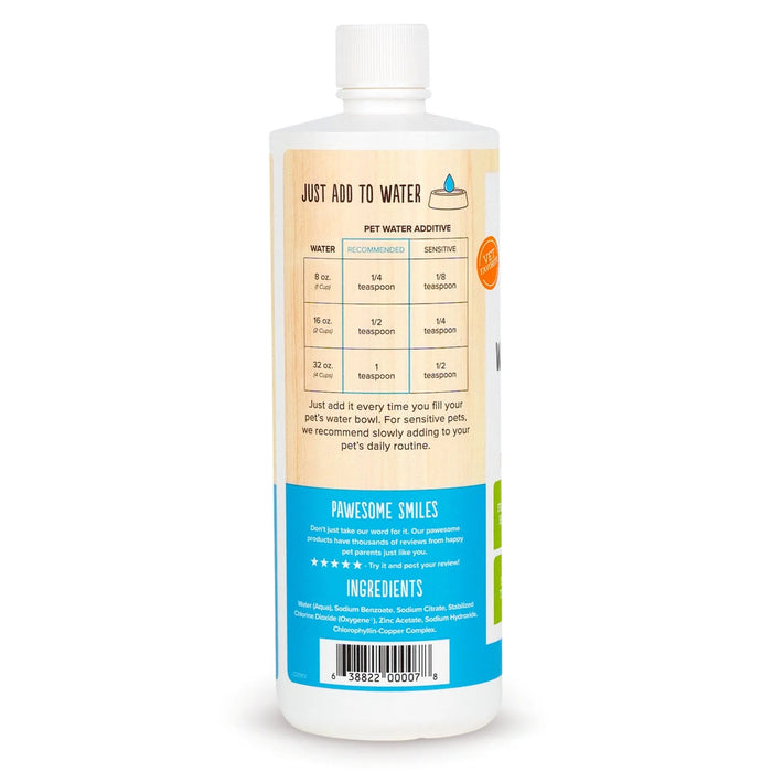 A blue-capped Oxyfresh Pet Water Additive bottle features a label with usage instructions and recommended ratios for container sizes. It highlights ingredients to tackle bad breath, tartar, and plaque buildup. Text reads PAWESOME SMILES.