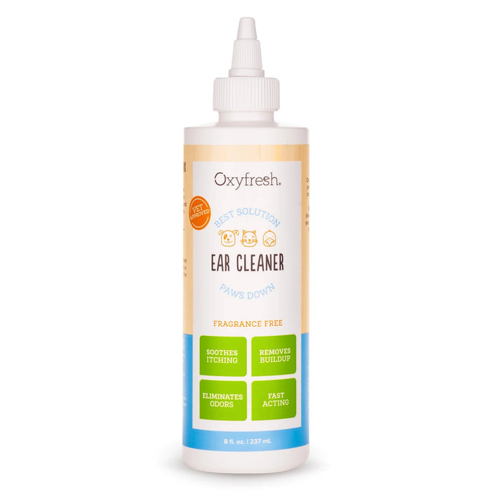 The 8 fl. oz (237 ml) bottle of Oxyfresh Pet Ear Cleaner Yeast-Fighting Ear Wash is fragrance-free, quickly soothes itching, removes buildup, eliminates odors, and is ideal for dog grooming.