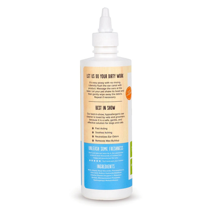 Oxyfreshs Pet Ear Cleaner Yeast-Fighting Ear Wash includes a white nozzle cap and a label explaining pet benefits. The back highlights fast action, itch relief, odor neutralization, and wax removal, with ingredients listed at the bottom.