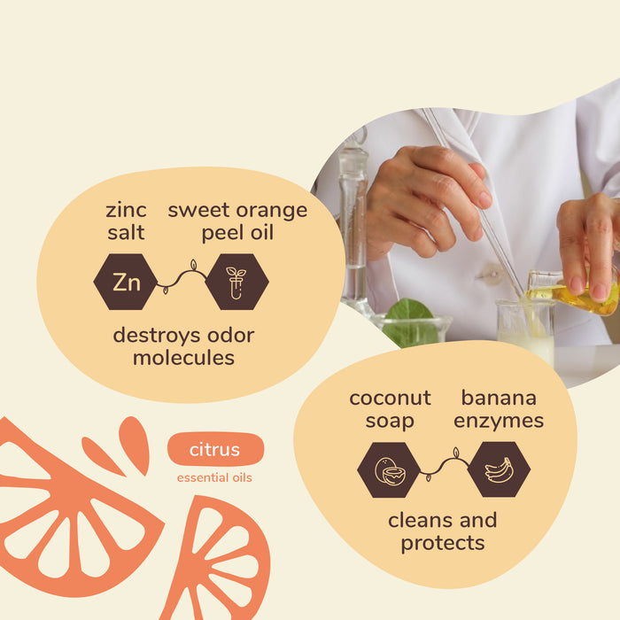 In a lab-like setting, a person mixes a yellow liquid containing zinc salt and sweet orange peel oil. This mixture, along with naturally derived coconut soap and banana enzymes, targets odor molecules for kin+kind’s Pet Pee + Stain + Odor Remover Spray for Hardwood Floors. Below are citrus slices and essential oils.