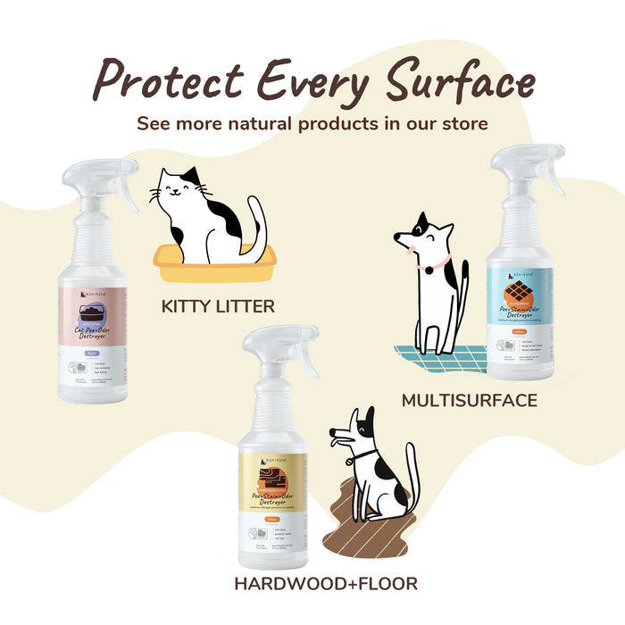 An illustration of three kin+kind spray bottles for cleaning tasks: Pet Pee + Stain + Odor Remover Spray for Kitty Litter, Multisurface, and Hardwood + Floor. Each features a cartoon cat matching its cleaning area. Text reads Protect Every Surface with non-toxic, odor-eliminating formulas.