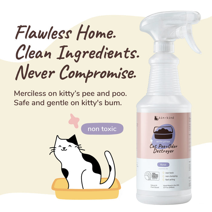 Bottle of kin+kind Pet Pee + Stain + Odor Remover Spray for Kitty Litter: eliminate odors with its non-toxic formula. Features a smiling cat illustration in a litter box. Labels read Merciless on pee and poo, safe and gentle on kittys bum. Never Compromise.