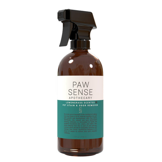 The Paw Sense Pet Stain & Odor Remover comes in a brown spray bottle with a black nozzle, featuring a Lemongrass scent. Its teal and white design highlights eco-friendly, pet-safe cleaning using natural essential oils, ideal for your pet grooming supplies collection.