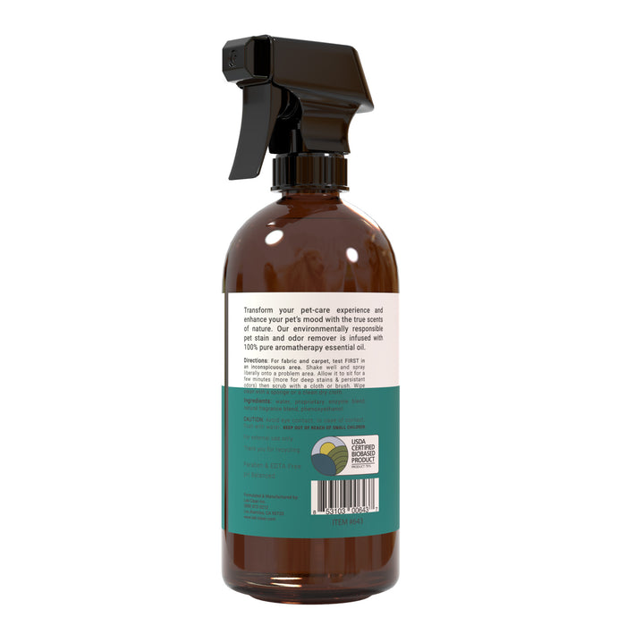 Paw Senses Pet Stain & Odor Remover is a brown spray bottle featuring a black nozzle and label highlighting natural essential oils. Perfect for pet grooming, it emphasizes pet care and environmental benefits along with a green section displaying the recycling symbol.