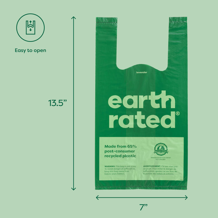 A green Earth Rated dog waste bag, measuring 13.5 inches in height and 7 inches in width. Made from 65% post-consumer recycled plastic, with an "easy to open" feature and lavender scent indicated above the logo.